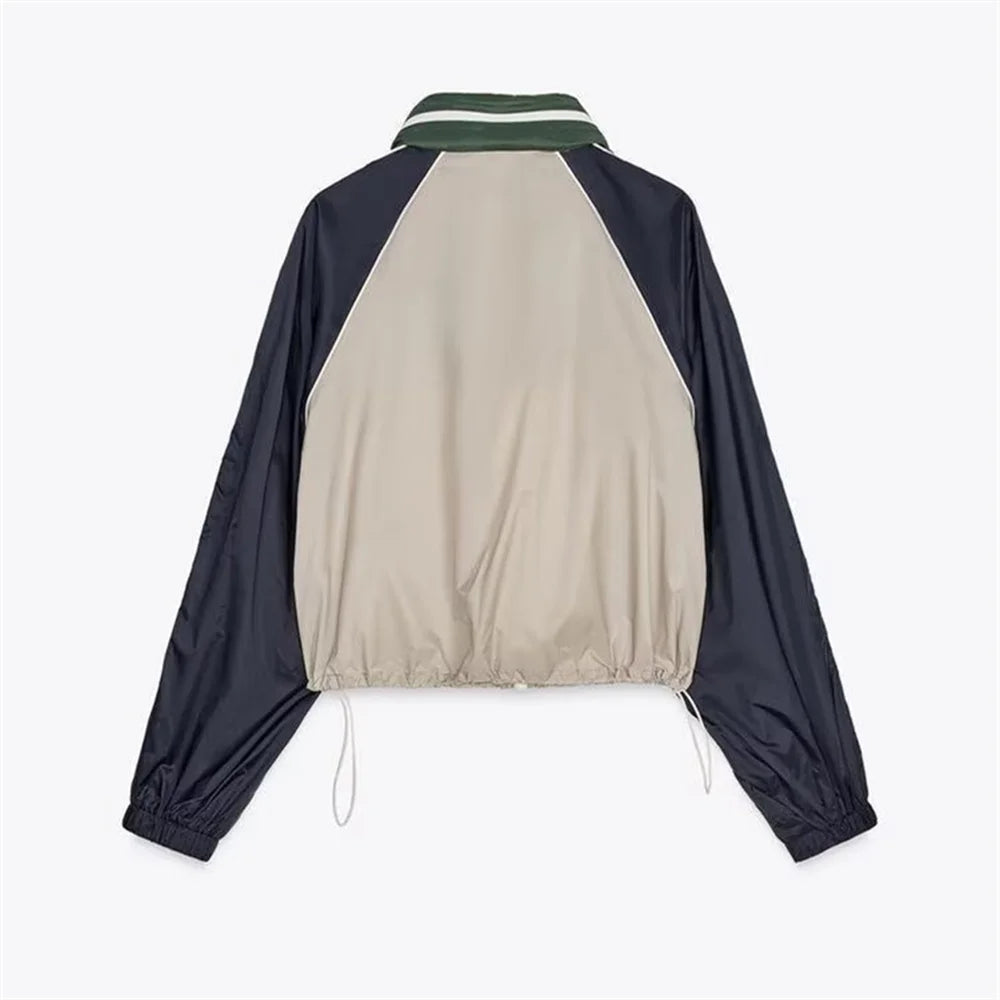 Women’s Color Blocked Short Style Stand up Collar Long Sleeve Pants Set