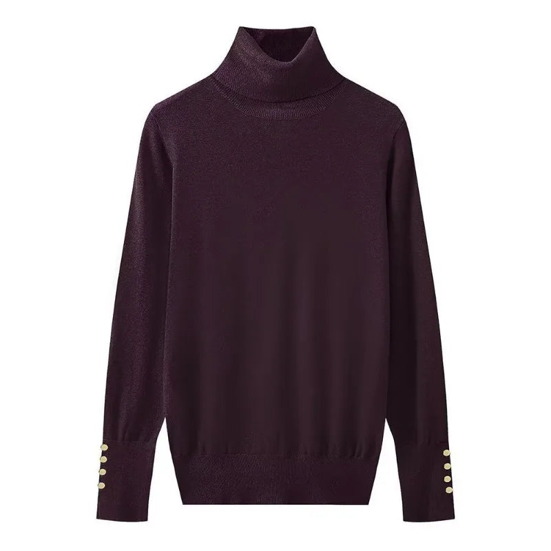 Women’s Cropped Basic Turtleneck Sweater Long Sleeves with Buttons - Dark red pullover / L