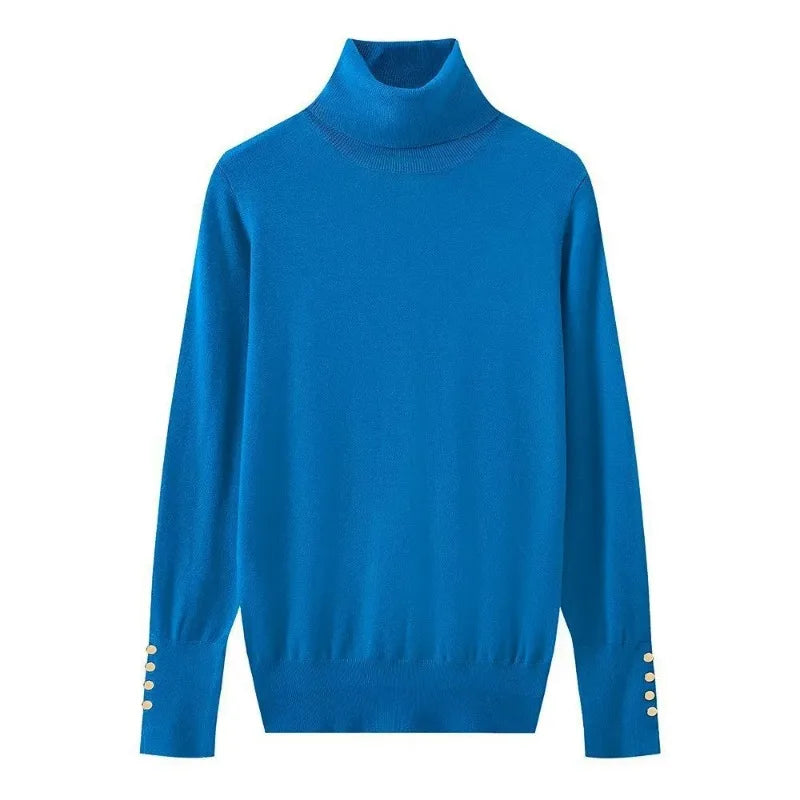 Women’s Cropped Basic Turtleneck Sweater Long Sleeves with Buttons - Blue pullover / L