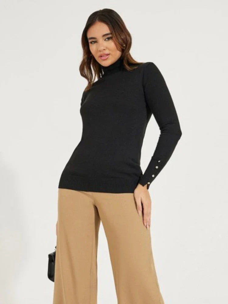 Women’s Cropped Basic Turtleneck Sweater Long Sleeves with Buttons