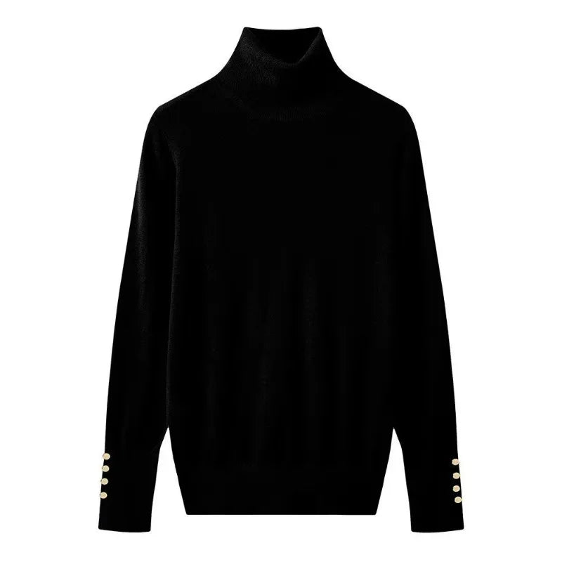 Women’s Cropped Basic Turtleneck Sweater Long Sleeves with Buttons - Black pullover / L