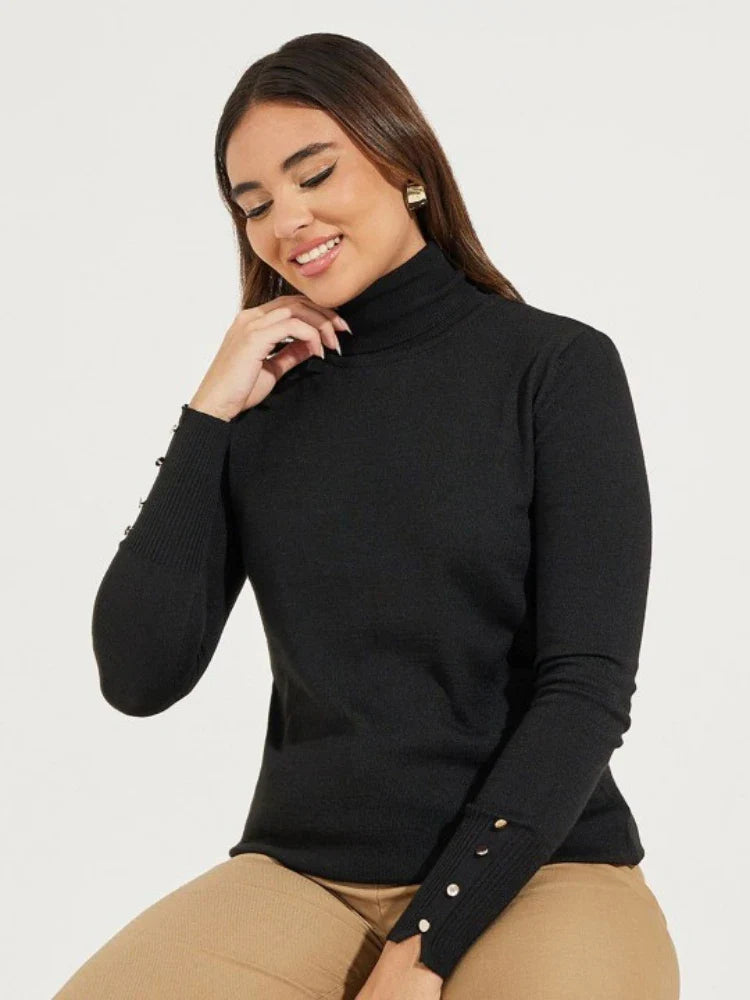 Women’s Cropped Basic Turtleneck Sweater Long Sleeves with Buttons