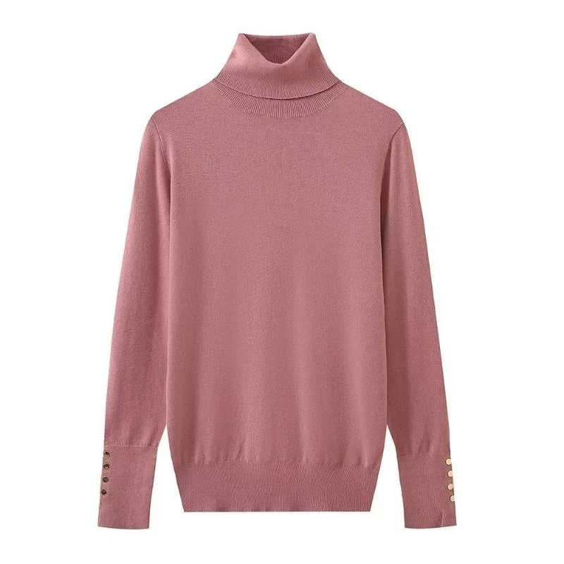 Women’s Cropped Basic Turtleneck Sweater Long Sleeves with Buttons - Pink pullover / L