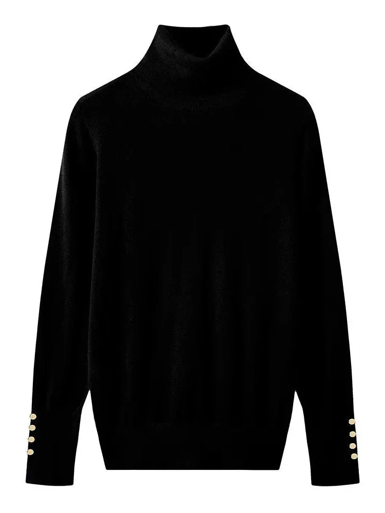 Women’s Cropped Basic Turtleneck Sweater Long Sleeves with Buttons