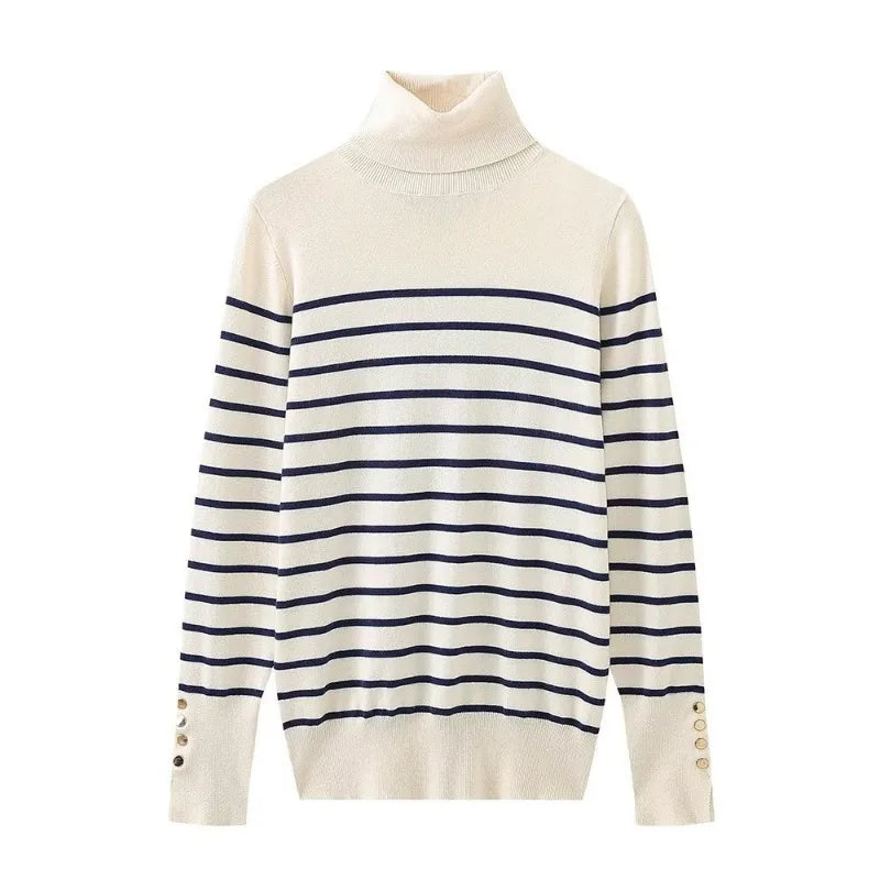 Women’s Cropped Basic Turtleneck Sweater Long Sleeves with Buttons - Striped pullover / L