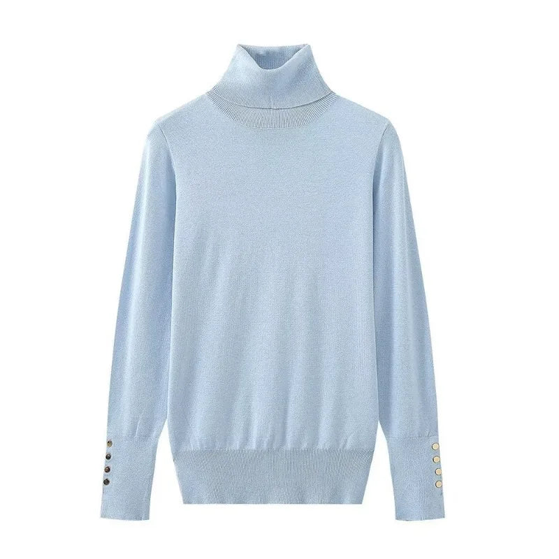 Women’s Cropped Basic Turtleneck Sweater Long Sleeves with Buttons - Light blue pullover / L