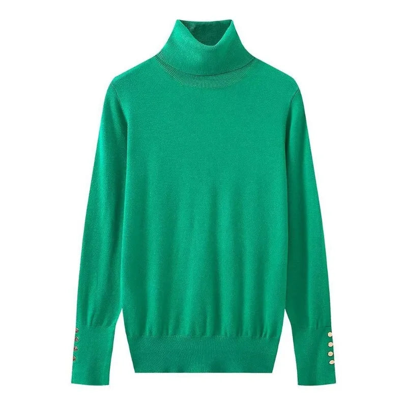 Women’s Cropped Basic Turtleneck Sweater Long Sleeves with Buttons - Green pullover / L