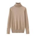 Women’s Cropped Basic Turtleneck Sweater Long Sleeves with Buttons - Khaki pullover / L