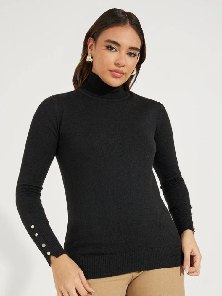 Women’s Cropped Basic Turtleneck Sweater Long Sleeves with Buttons