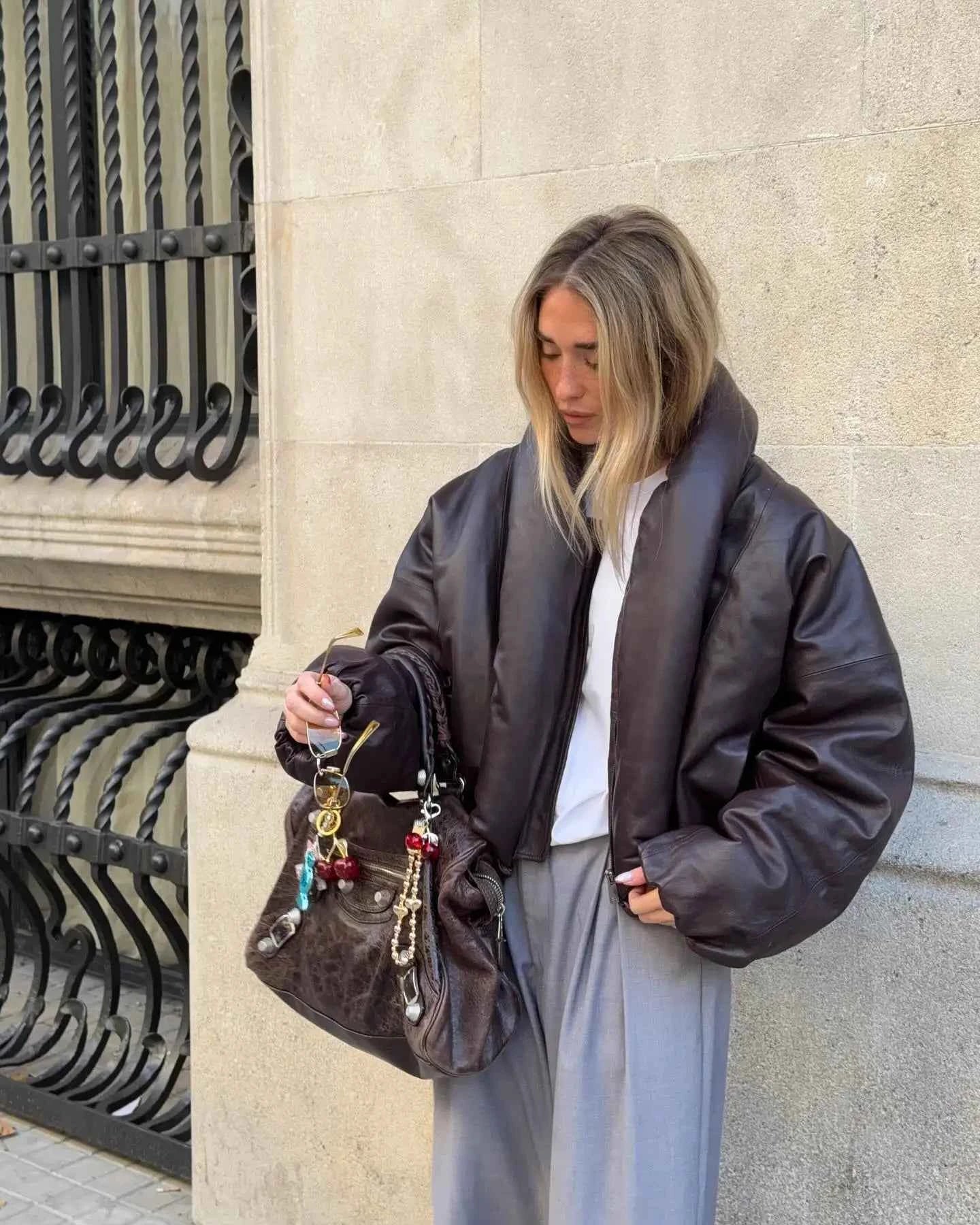 Women's Dark Brown Faux Leather Puffer Jacket