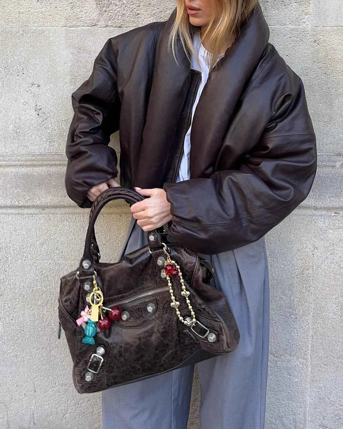 Women's Dark Brown Faux Leather Puffer Jacket