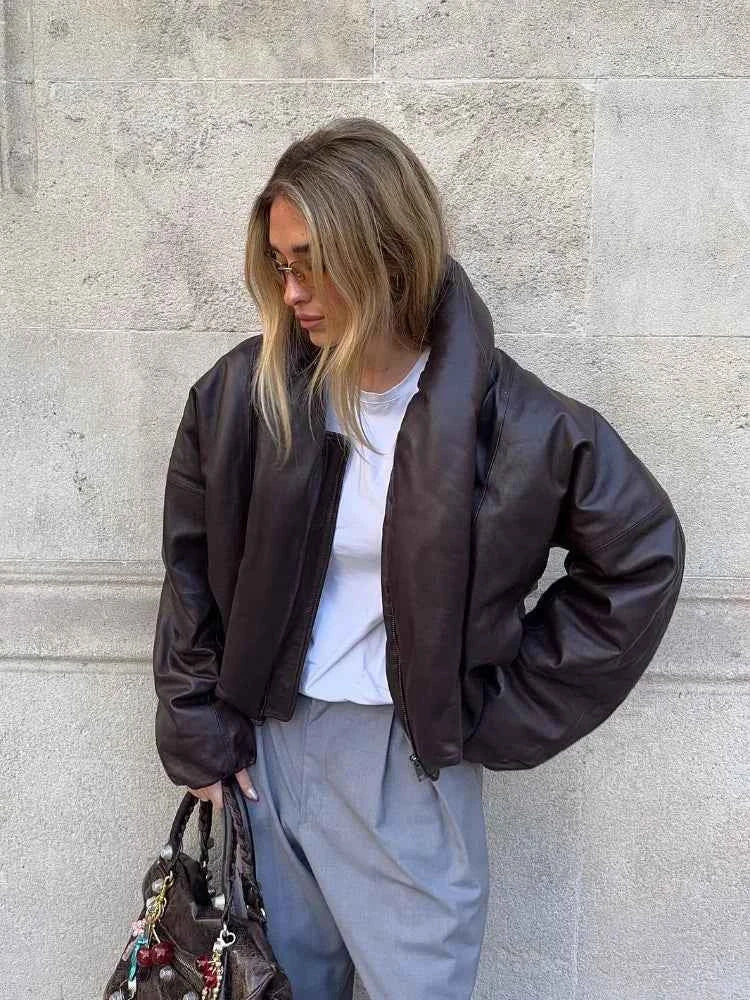 Women's Dark Brown Faux Leather Puffer Jacket