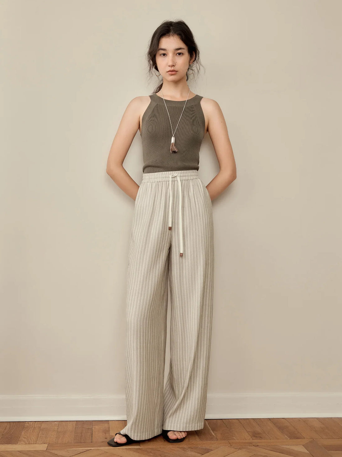 Women’s Elastic-Waist Wide-Leg Pants - Artistic Stripe & Fluid Drape Silhouette Casual Loose
