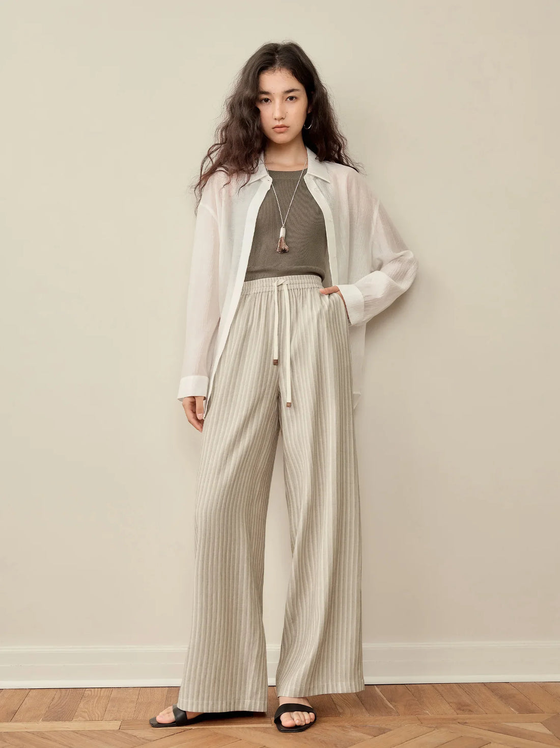 Women’s Elastic-Waist Wide-Leg Pants - Artistic Stripe & Fluid Drape Silhouette Casual Loose