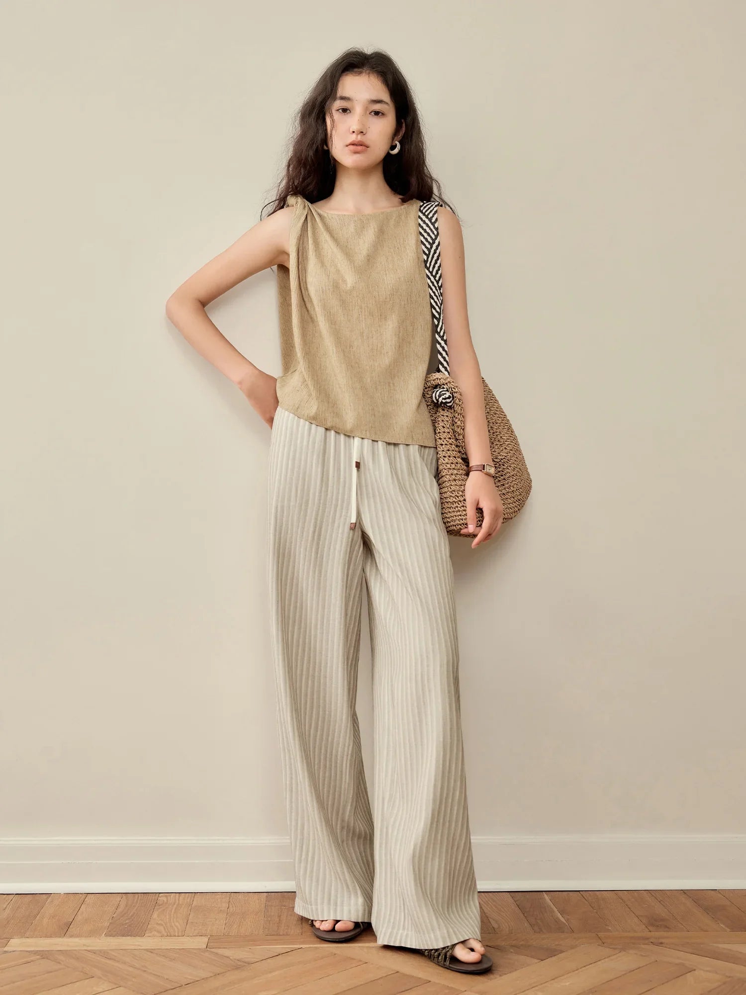 Women’s Elastic-Waist Wide-Leg Pants - Artistic Stripe & Fluid Drape Silhouette Casual Loose