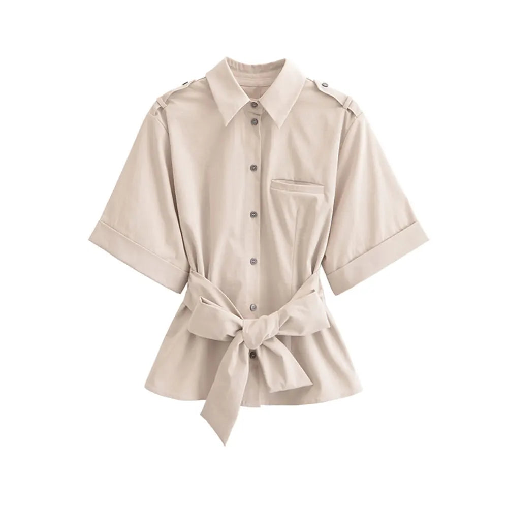 Women’s Fashion Belted Front Button Shirt - as picture / S