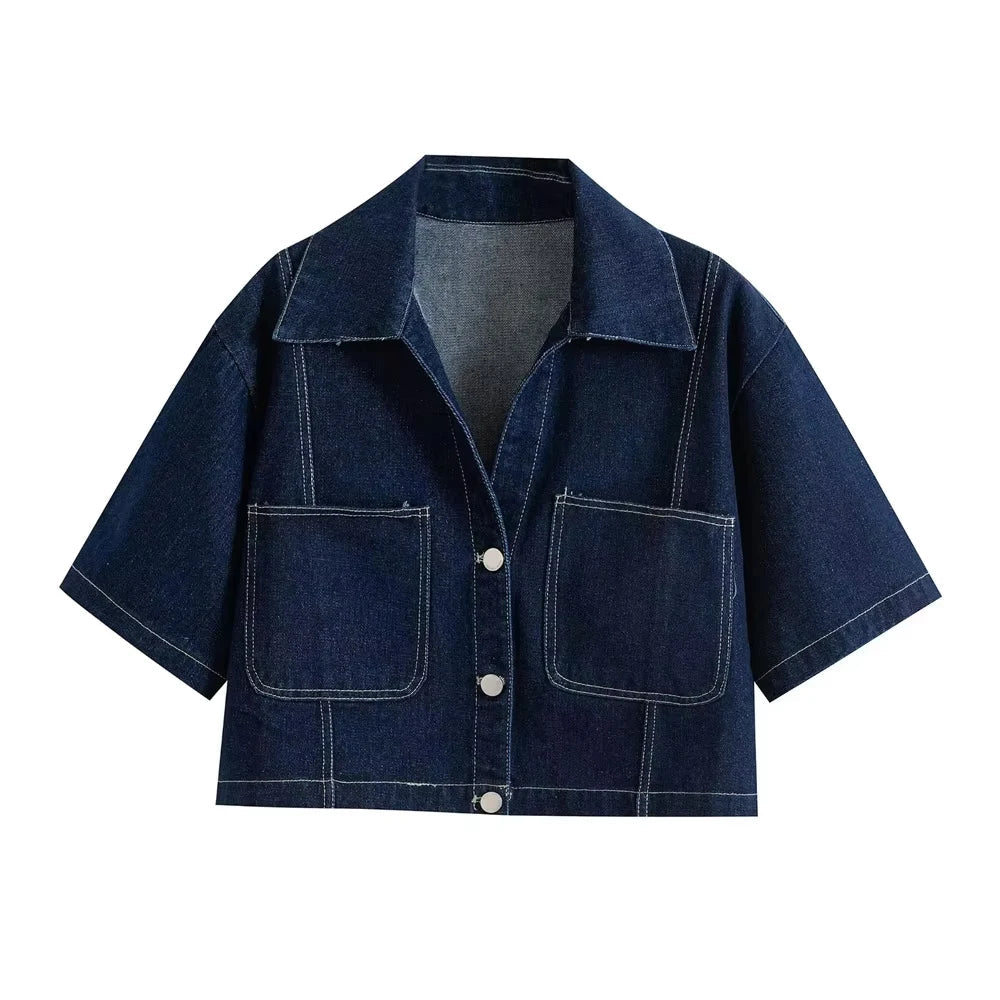 Women’s Fashion Cropped Denim Shirt - as picture / S