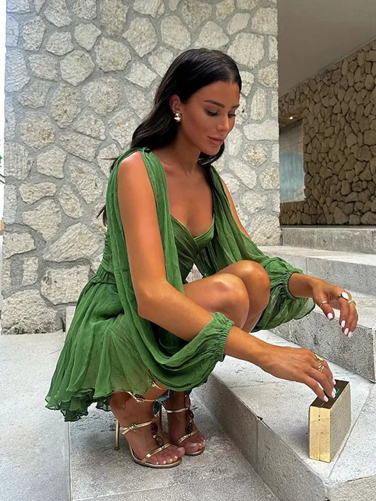 Women’s Fashion Green Chiffon Mini Dress Elegant V-neck Split Long - Other