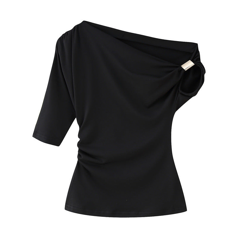 Women’s Fashion Shoulder-baring Asymmetric Top - Black / XS - electronic accessories