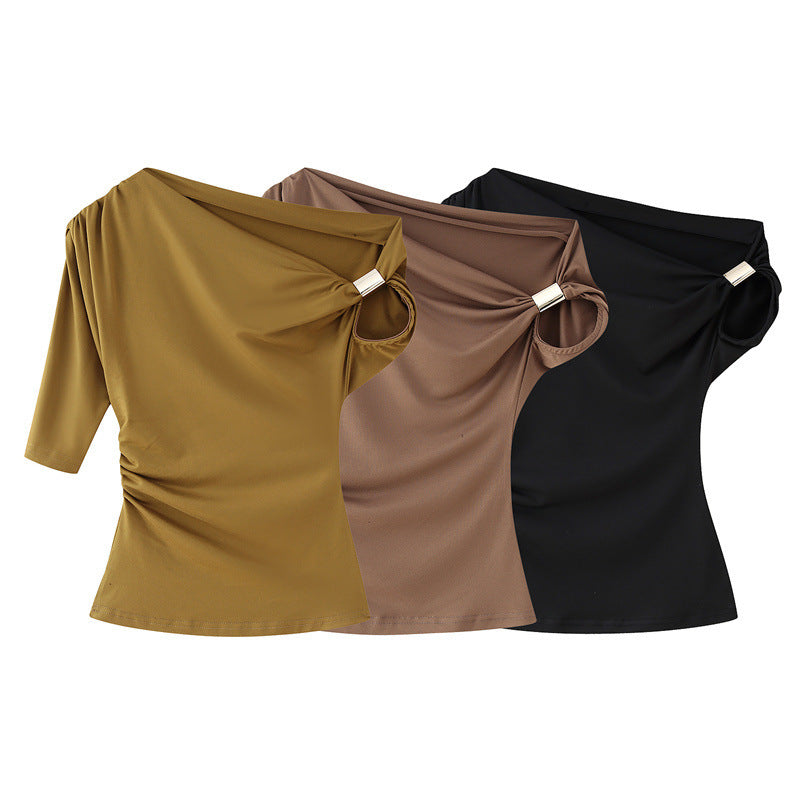 Women’s Fashion Shoulder-baring Asymmetric Top - Khaki / XS - electronic accessories