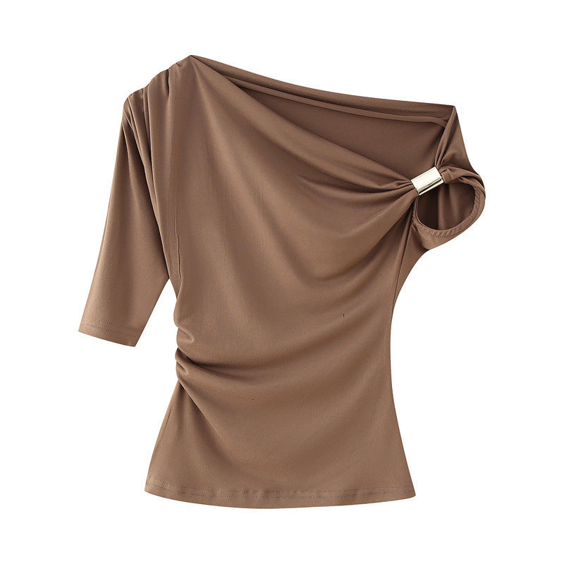 Women’s Fashion Shoulder-baring Asymmetric Top - Khaki / XS - electronic accessories