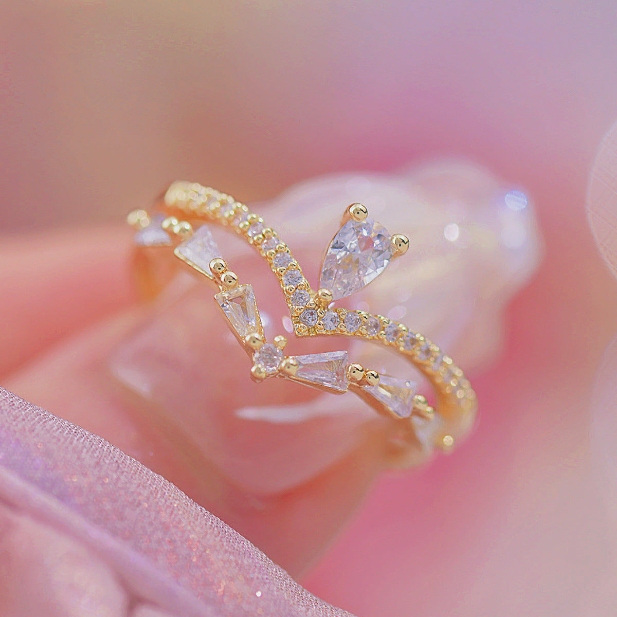 Women’s French Style All-matching Fashionable Ring - Water Drop Double Layer Zircon - electronic accessories