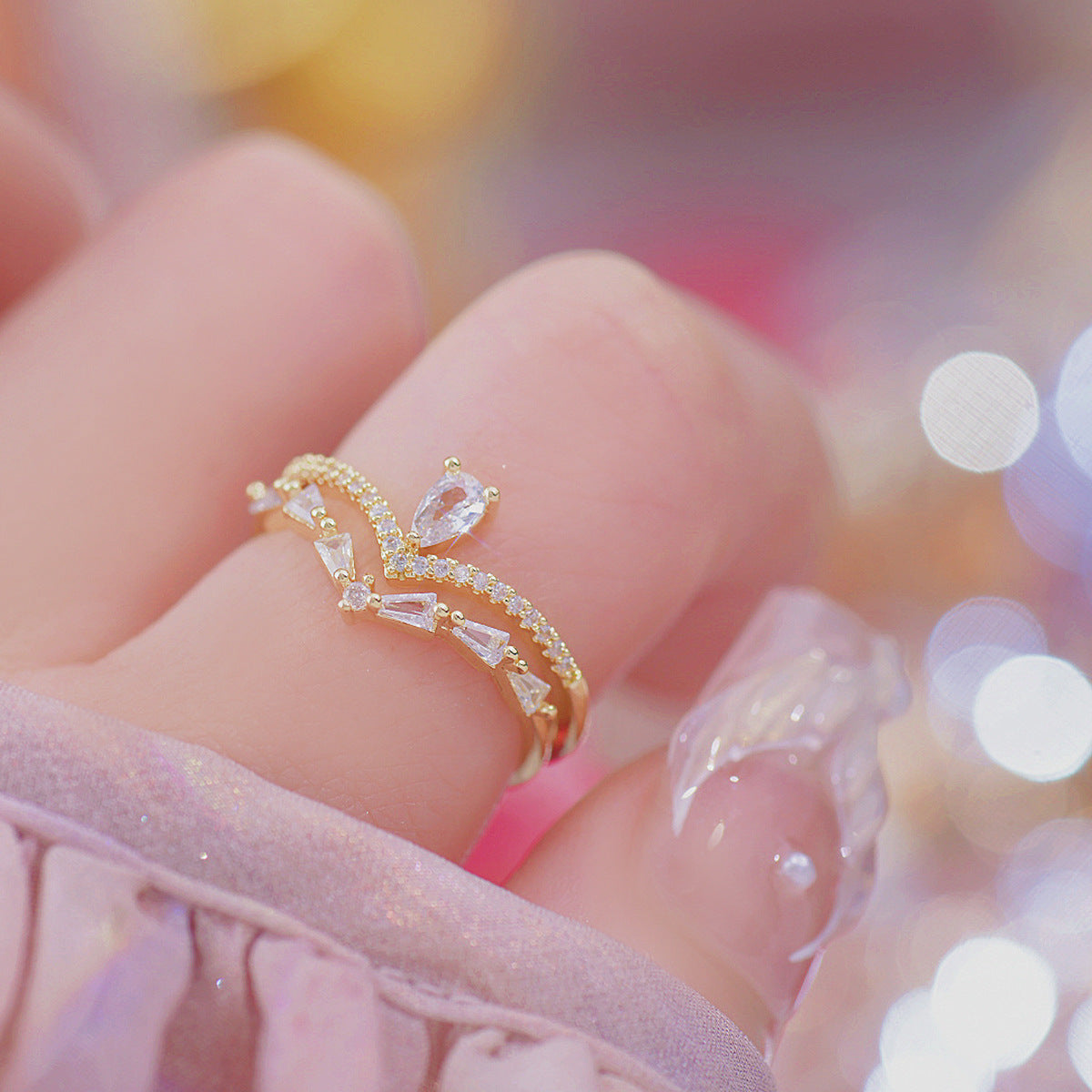 Women’s French Style All-matching Fashionable Ring - Water Drop Double Layer Zircon - electronic accessories