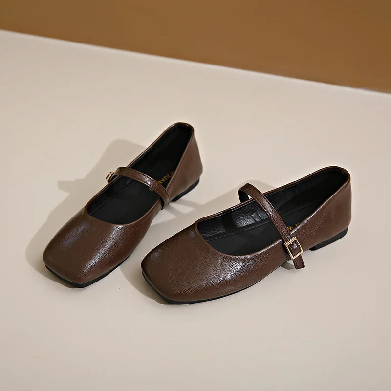 Women’s French Vintage Genuine Leather Flats - Dark Brown / 36