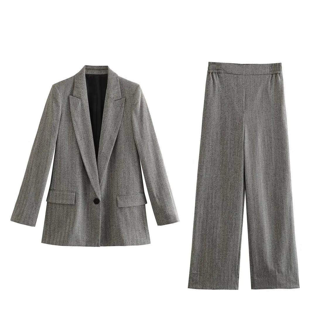Women’s Herringbone Diagonal Suit Jacket Casual Long Pants - ash 1 / L