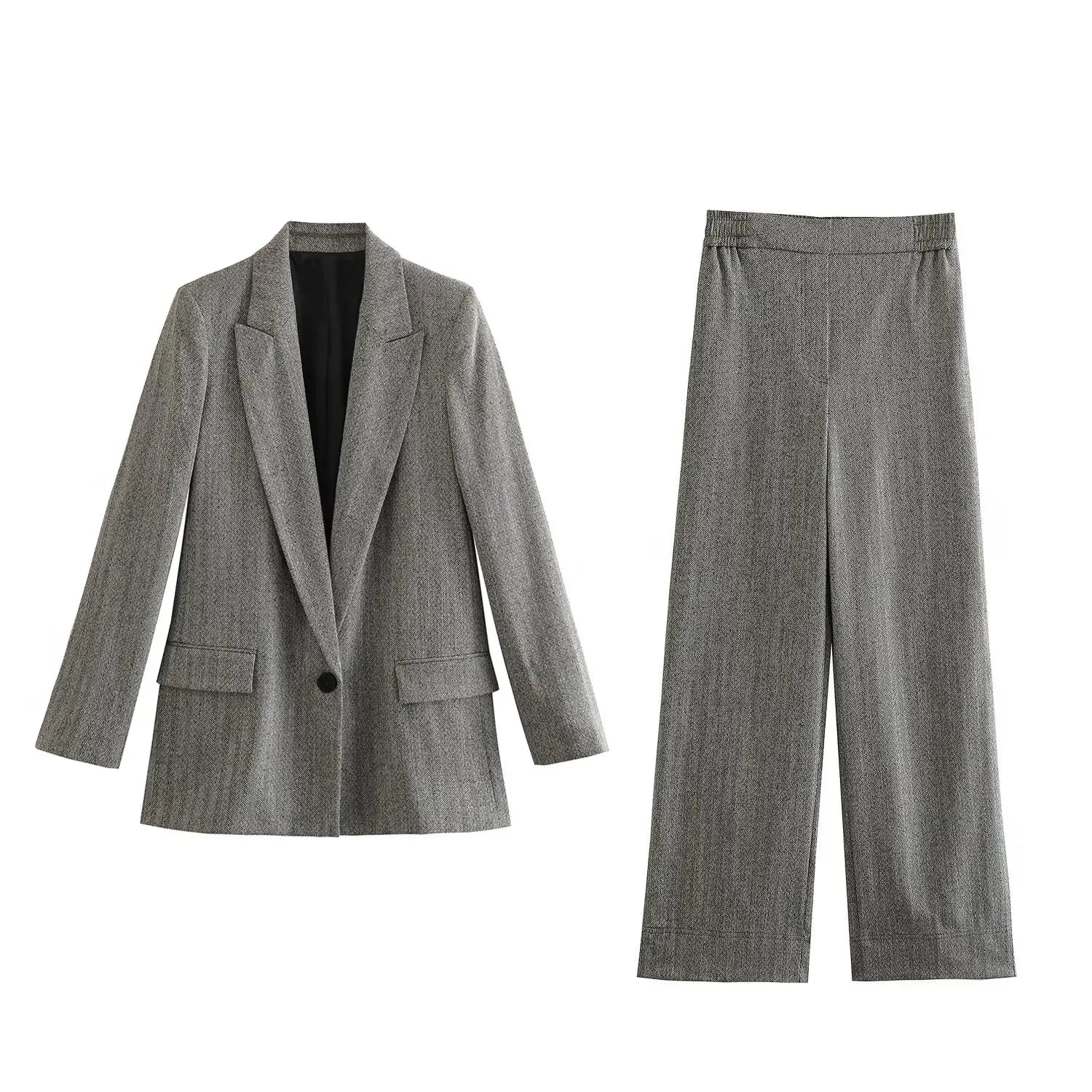 Women’s Herringbone Diagonal Suit Jacket Casual Long Pants - ash 1 / L