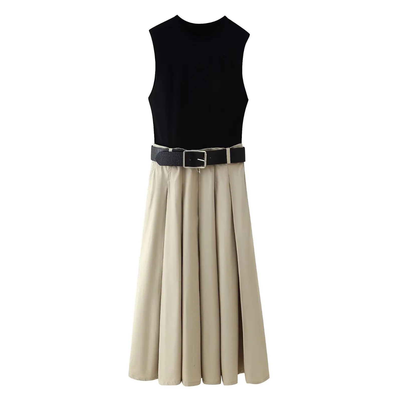 Women’s High Waist Pleated Dress with Belt - dress / XS