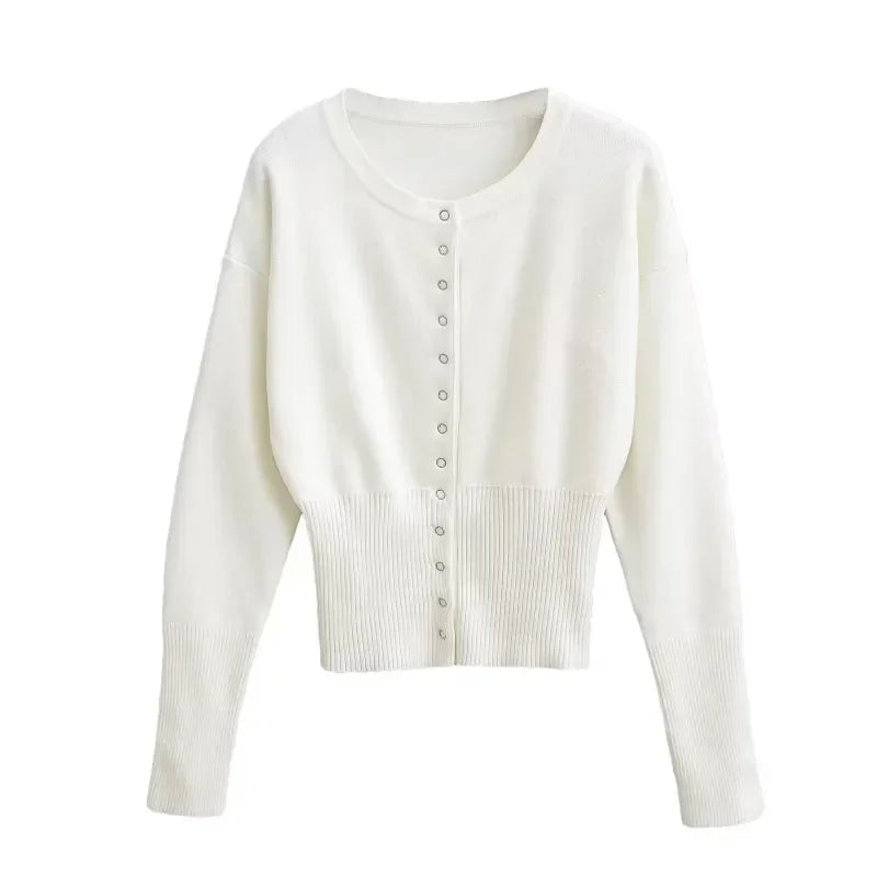Women’s High Waist Round Neck Single Breasted Cardigan - WHITE / S