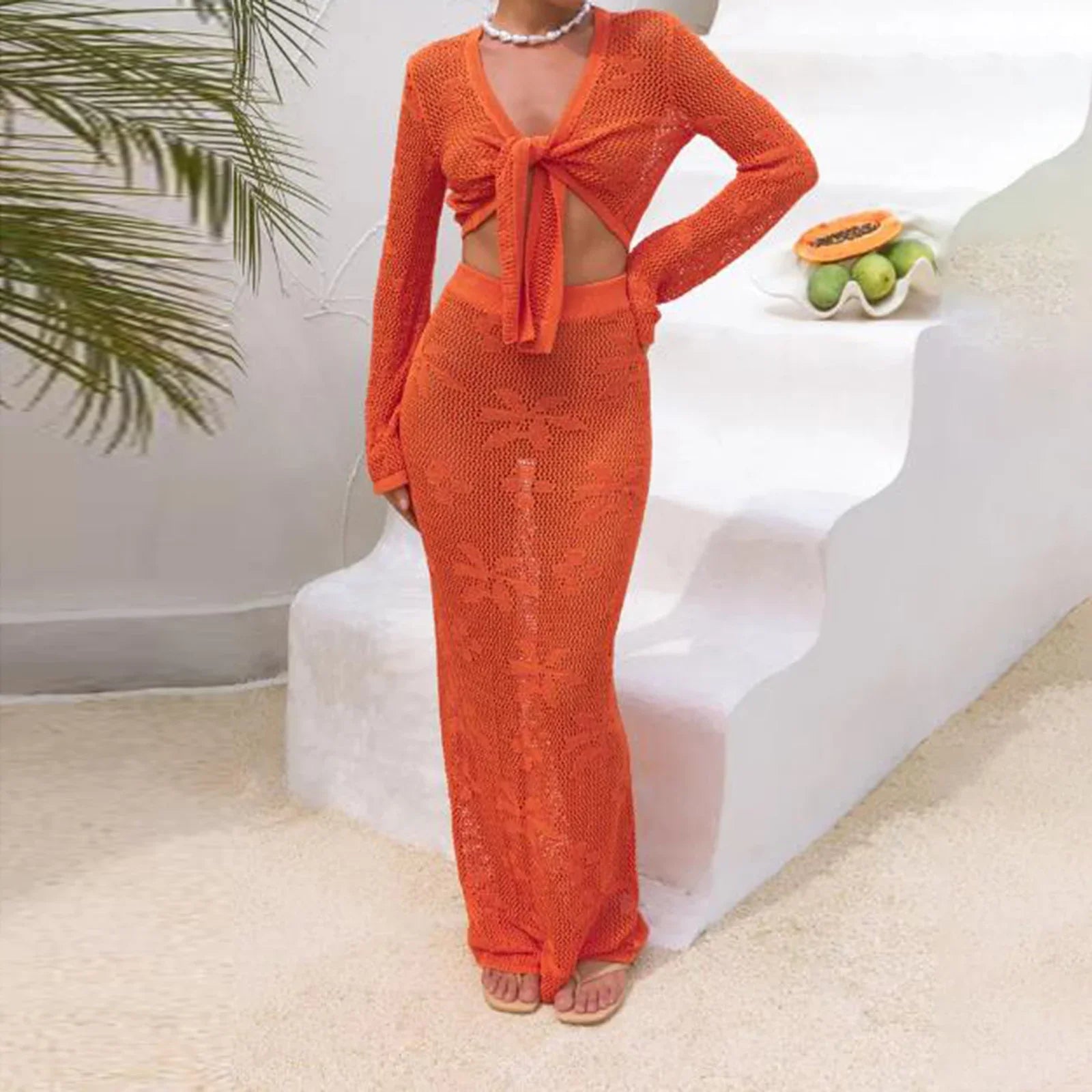 Women’s Holiday Beach Knit Floral Skirt Set - Orange / S