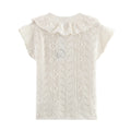 Women’s Hollow Out Knit Blouse Ruffled Round Neck Short Sleeves