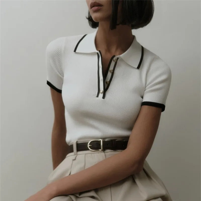 Women’s Knitted Pullover Fashion Short Sleeve Patchwork - Other