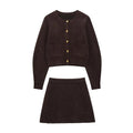 Women’s Knitted Set with Gold Buckle Decoration Long Sleeve Top Side Stitching Decorative Skirt - brown / L