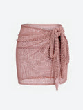 Women’s Knitted Short Skirt with Hollow Straps and Slit Beach Cover Up - Lotus root color / M