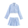 Women’s Lace Detail Striped Short Shirt Fluffy Mid Waist Skirt Pants Set - baby blue 1 / L