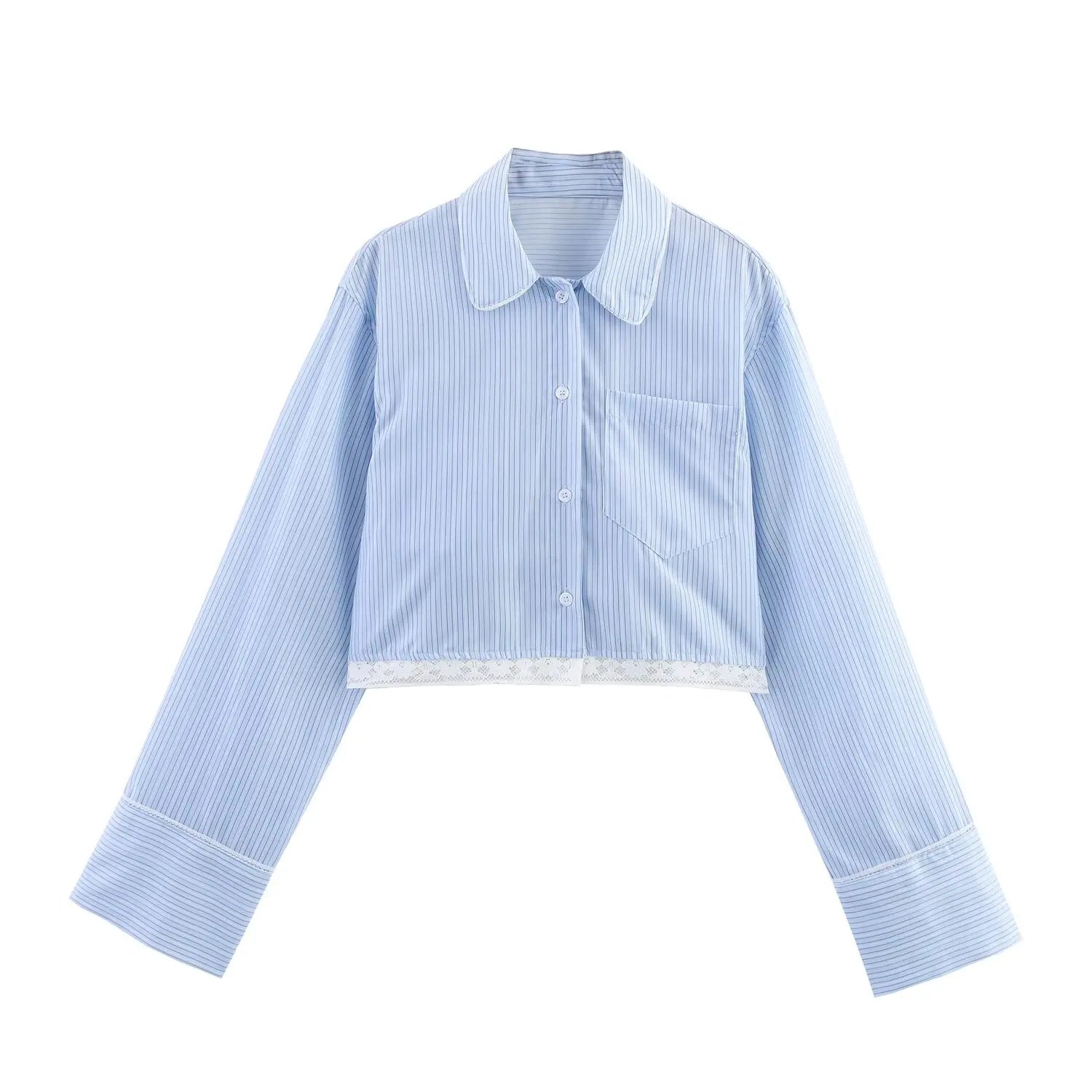 Women’s Lace Detail Striped Short Shirt Fluffy Mid Waist Skirt Pants Set - Light Blue / L