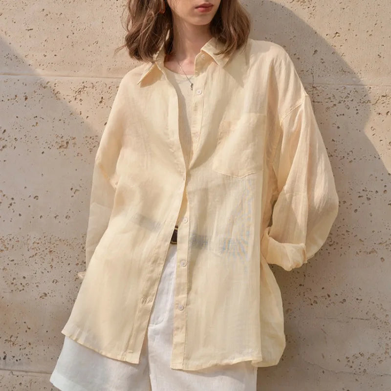 Women’s Lapel Long-Sleeved White Casual Loose Blouse
