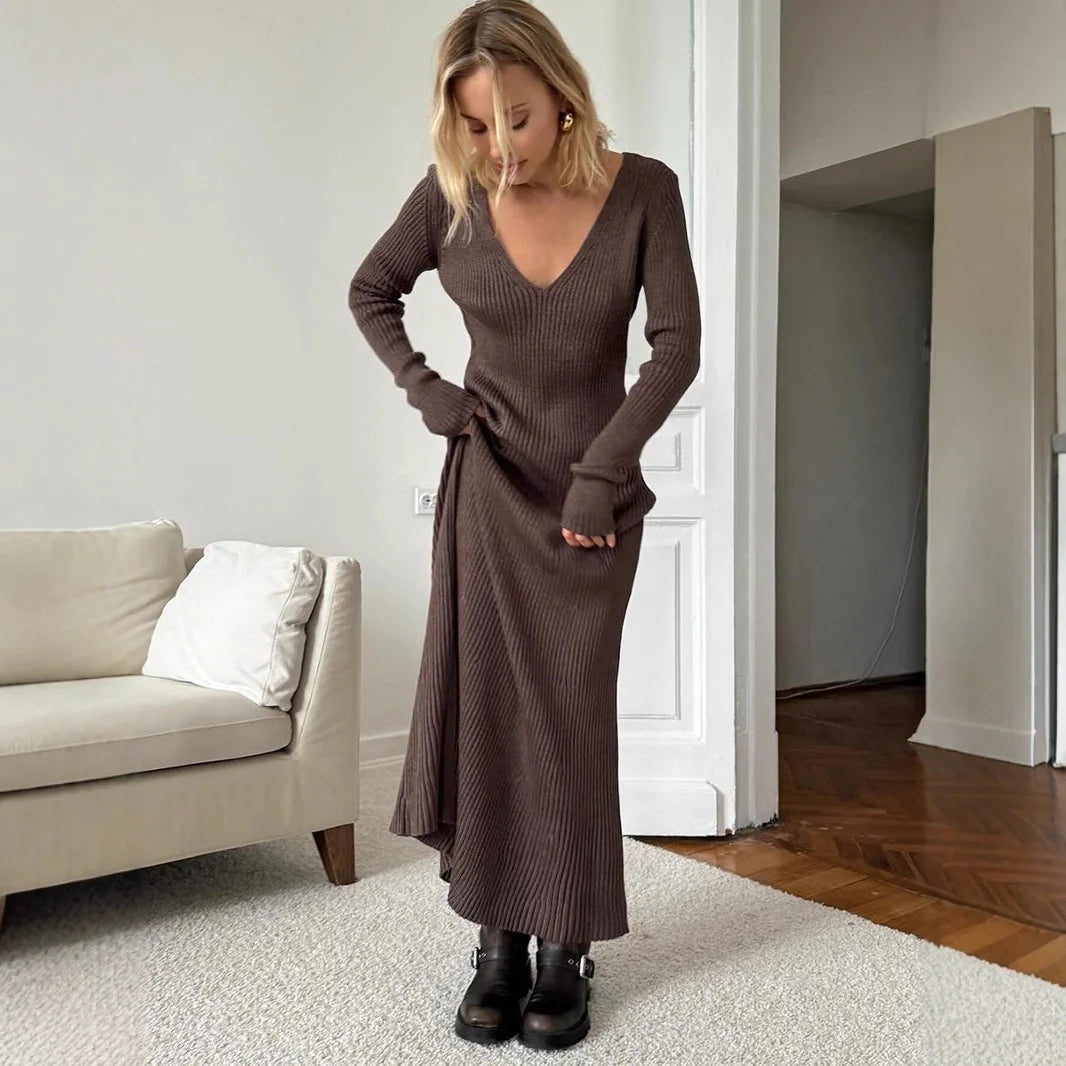 Women’s Long Sleeve V-neck Slim Bodycon Knitted Maxi Dress