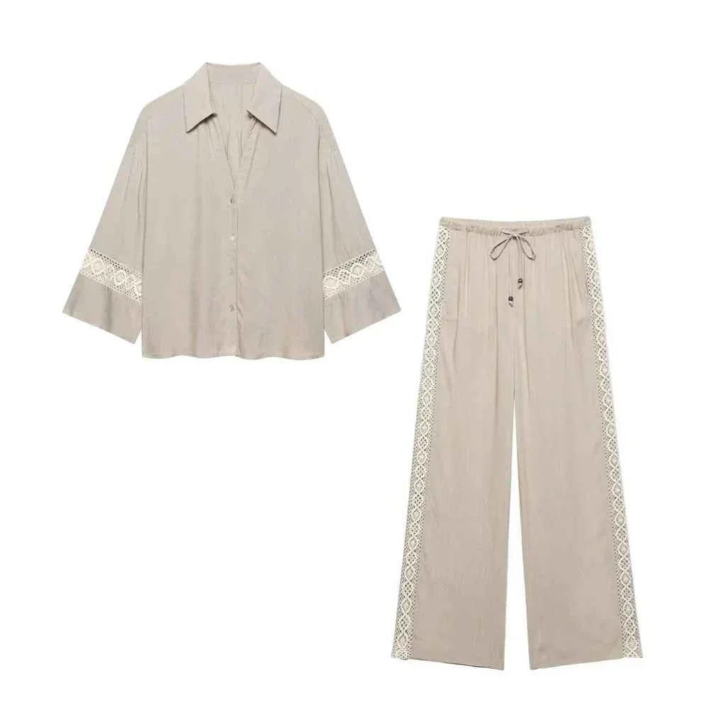 Women's Loose Long Sleeve Collar Casual Shirt Pants Set