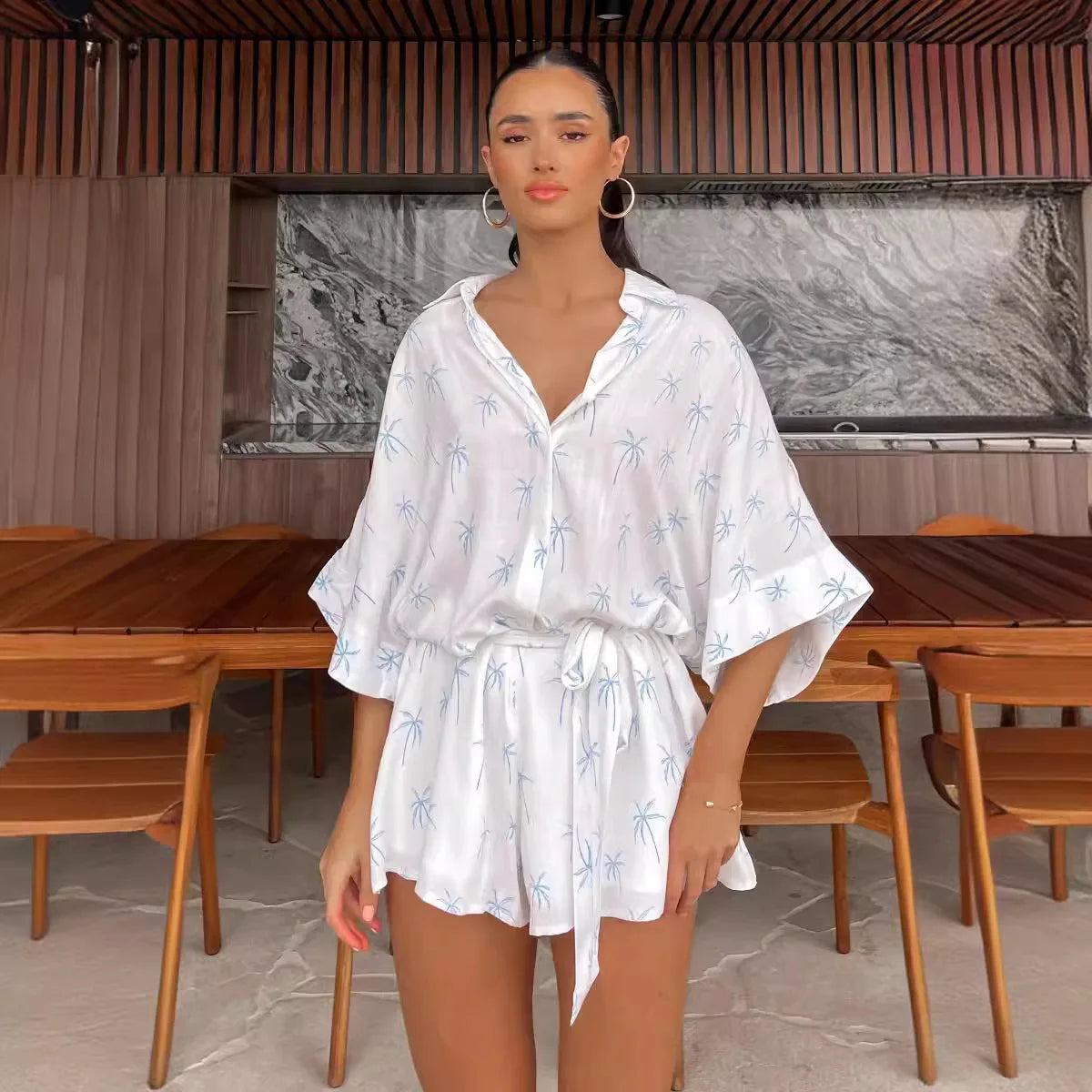 Women’s Loose Printed Pullover Half-sleeved Tie High Short Rompers Jumpsuits