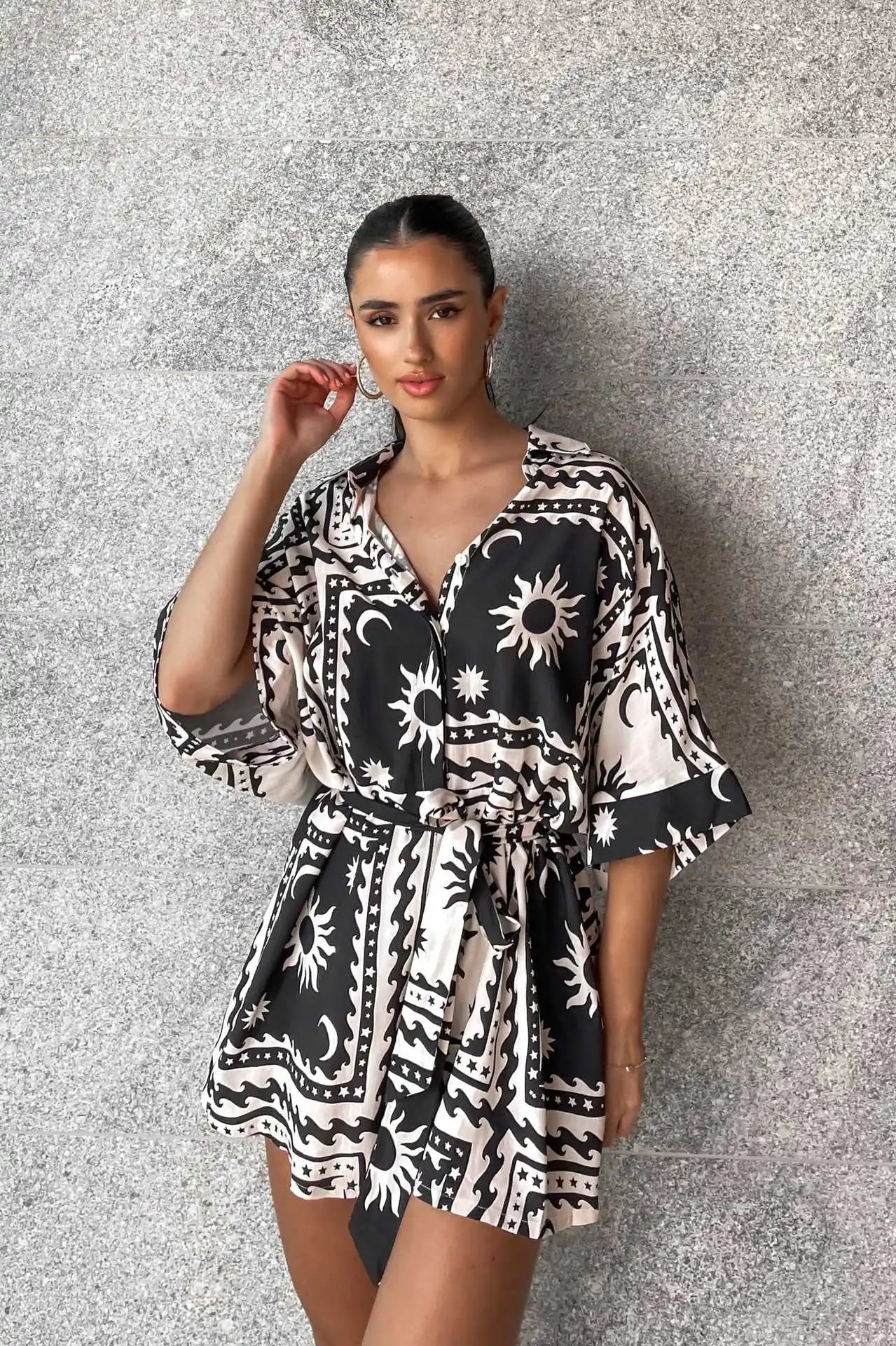 Women’s Loose Printed Pullover Half-sleeved Tie High Short Rompers Jumpsuits - 1 / S