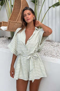 Women’s Loose Printed Pullover Half-sleeved Tie High Short Rompers Jumpsuits