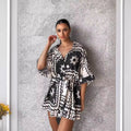 Women’s Loose Printed Pullover Half-sleeved Tie High Short Rompers Jumpsuits