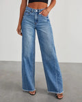 Women’s Loose Wide Leg Side Seam Stitching Frayed Hem Jeans - Denim Blue / XL