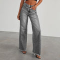 Women’s Loose Wide Leg Side Seam Stitching Frayed Hem Jeans - GRAY / S