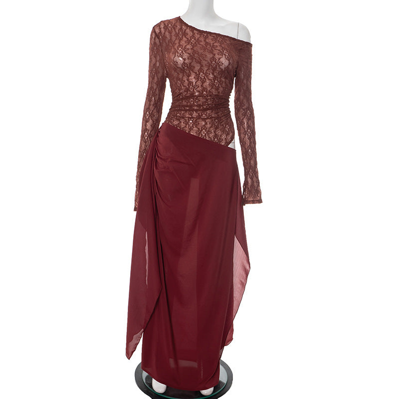 Women’s Mesh One-piece Dress Solid Color - Red / L - Other