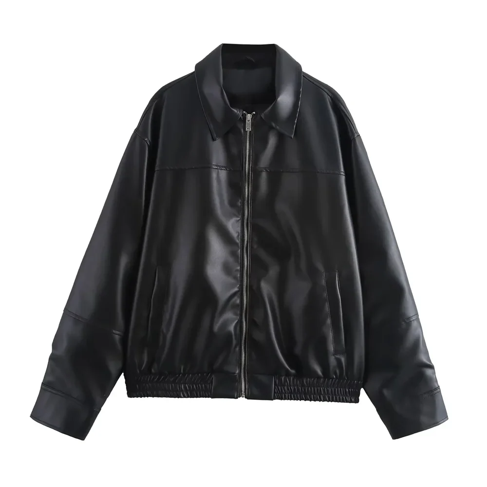 Women’s Mid to Long Length Imitation Leather Pilot Jacket Coat - black / M